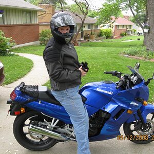 Me on EX250 wearing helmet
My little 2006 EX250 Ninja. Lots of fun. I bought it with 10 miles on it. Rode it 2 years and 6000 miles and sold it for w
