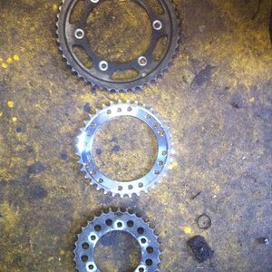 sprocket fun and games: original FZR600R at the top; original XS at the bottom and a custom 36t I had made in the middle (having to run a 17t offset s
