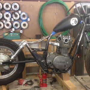 1983 xs650 project with Visual Impact brat kit, Rebel 250 shocks, and extended axle plates.
