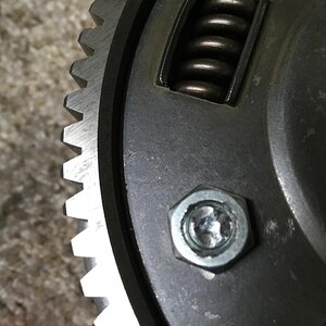 IMG 42- Careful not to peen downward to hard on Aluminum Clutch Housing. Strike towards the sides or edges.