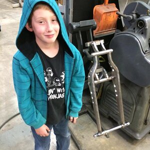 My oldest Eli poses with the "Relic" girder that Voodoo Vintage is developing.